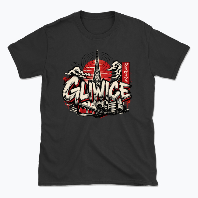 Radiostacja w Gliwicach i wschodzące słońce - T-shirt
